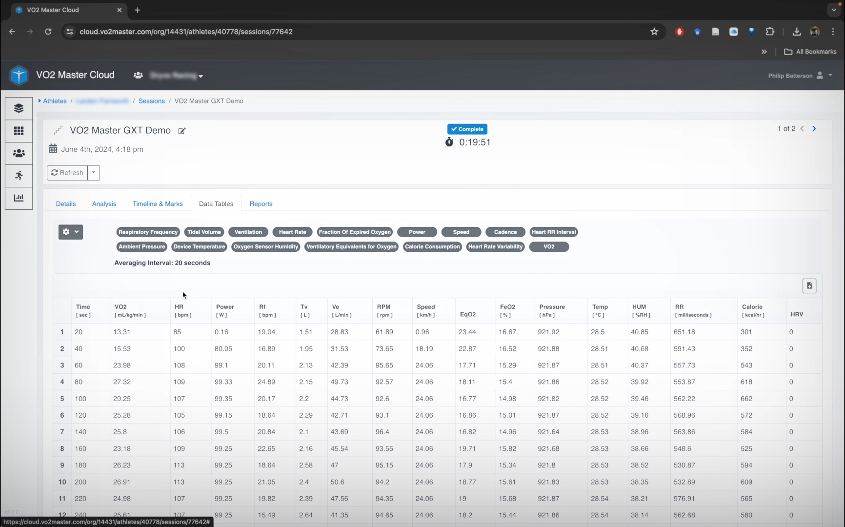 a chart showing 17 different athletic metrics captured by the vo2 master cloud for virtual coaching 