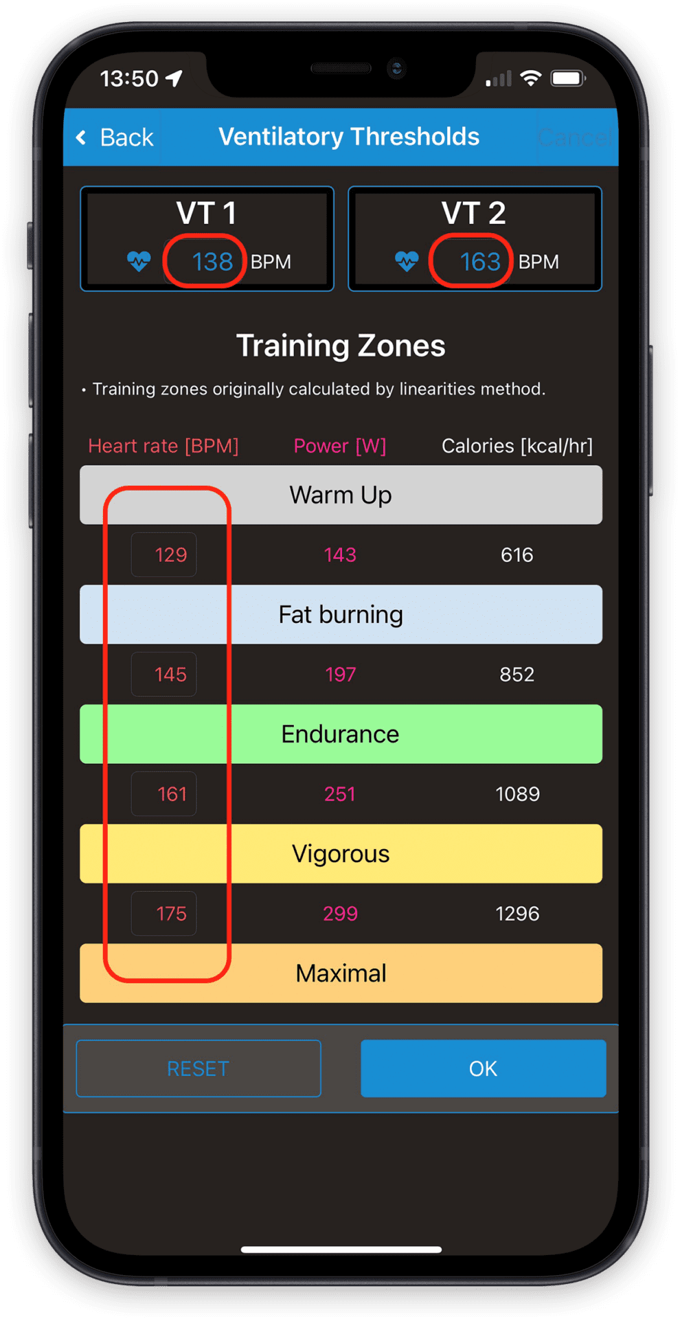 Identifying ventilatory thresholds (VT zones) on the mobile app