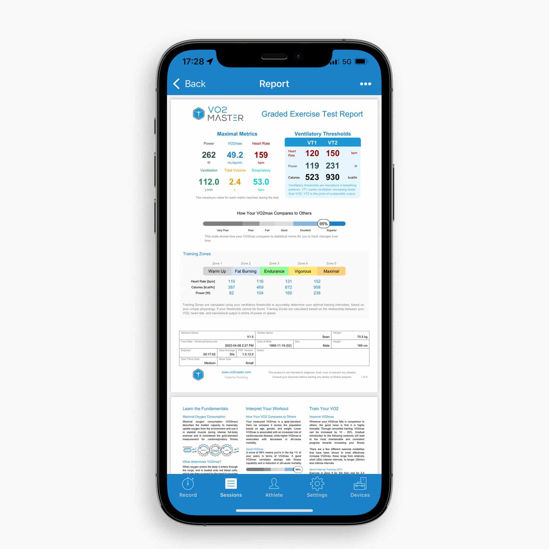 Viewing a performance report on the VO2 Master app for iPhone