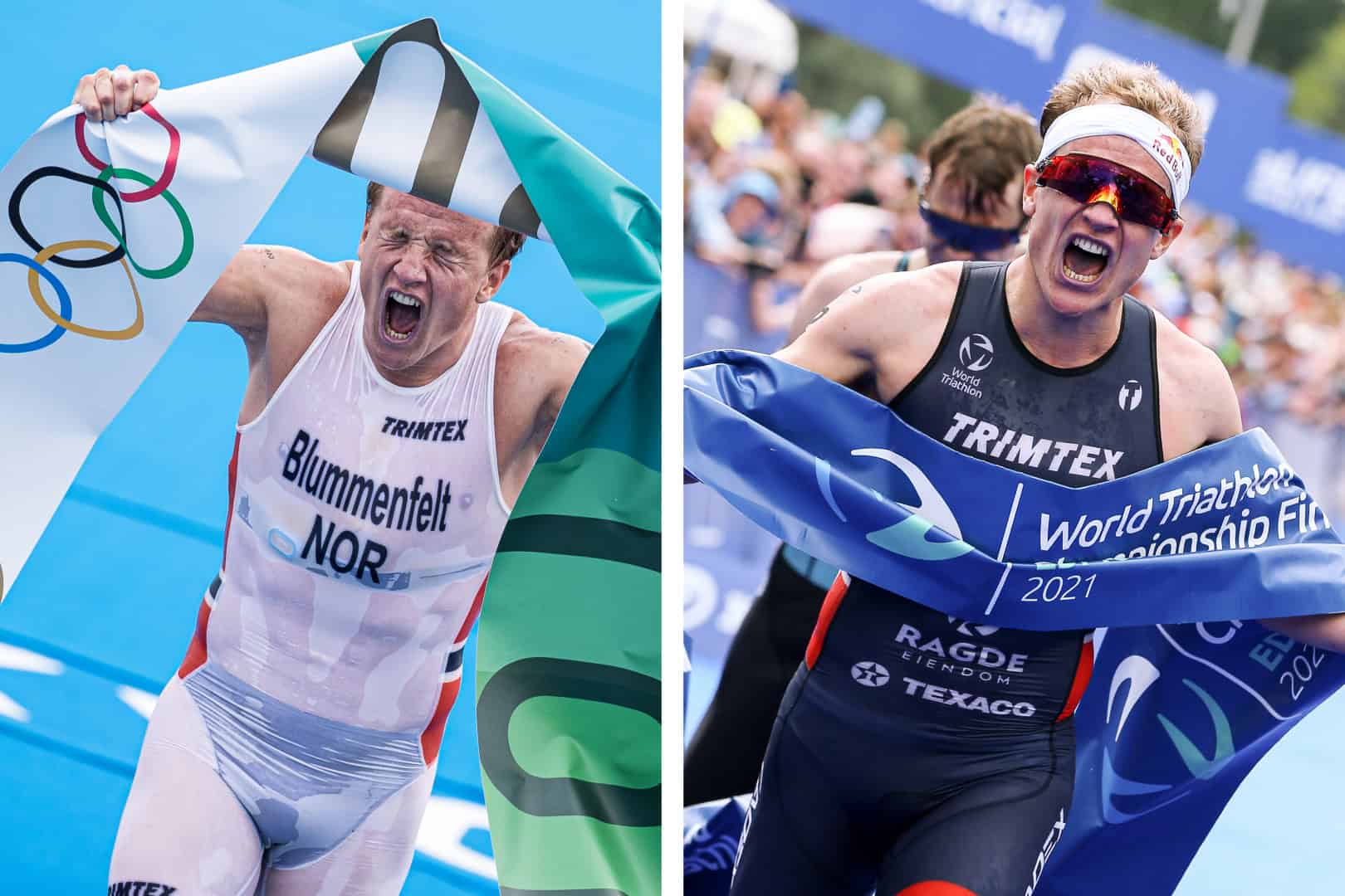 Triathlete Kristian Blummenfelts. Left, Tokyo 2020, Right, St. George, Utah, 2022