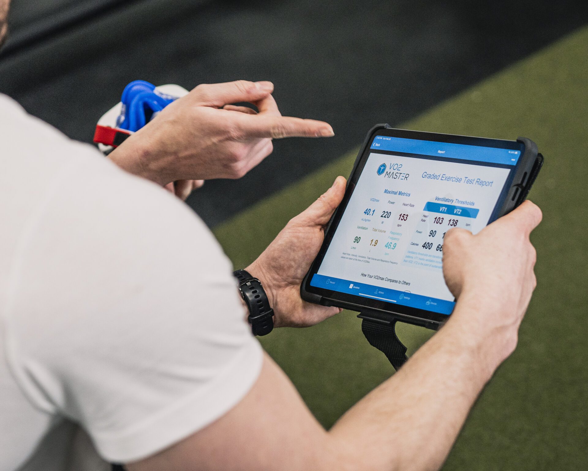 Athlete observing performance results on the VO2 Master iPad app