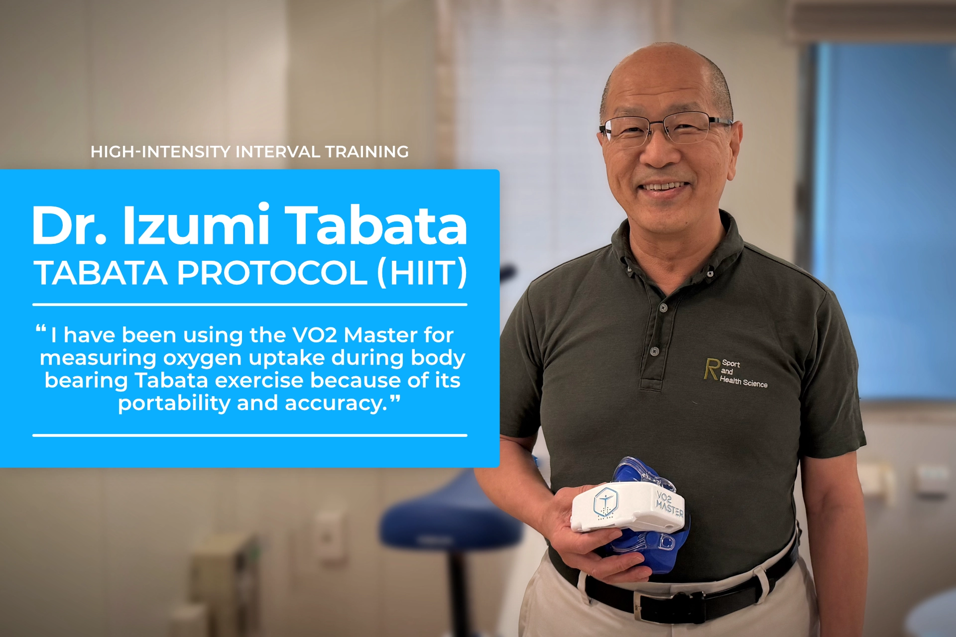Dr. Izumi Tabata holding a portable metabolic analyzer beside a testimonial about HIIT and oxygen uptake measurement.