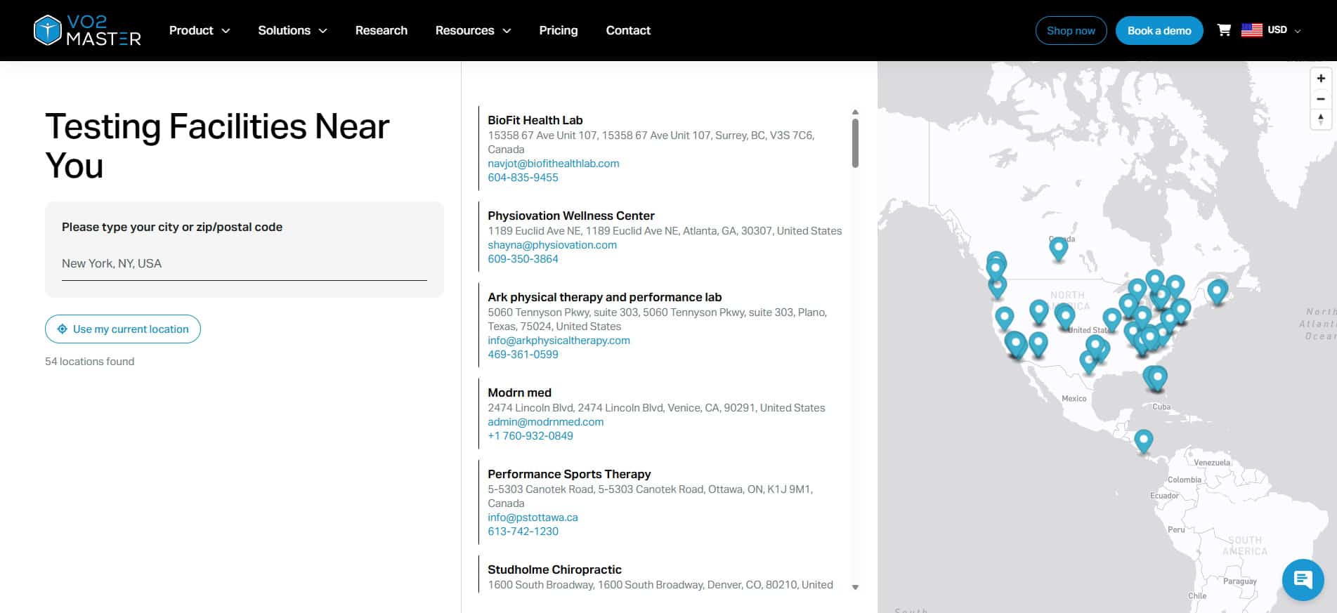 The VO2 Master Facility Finder with facilities map and information list