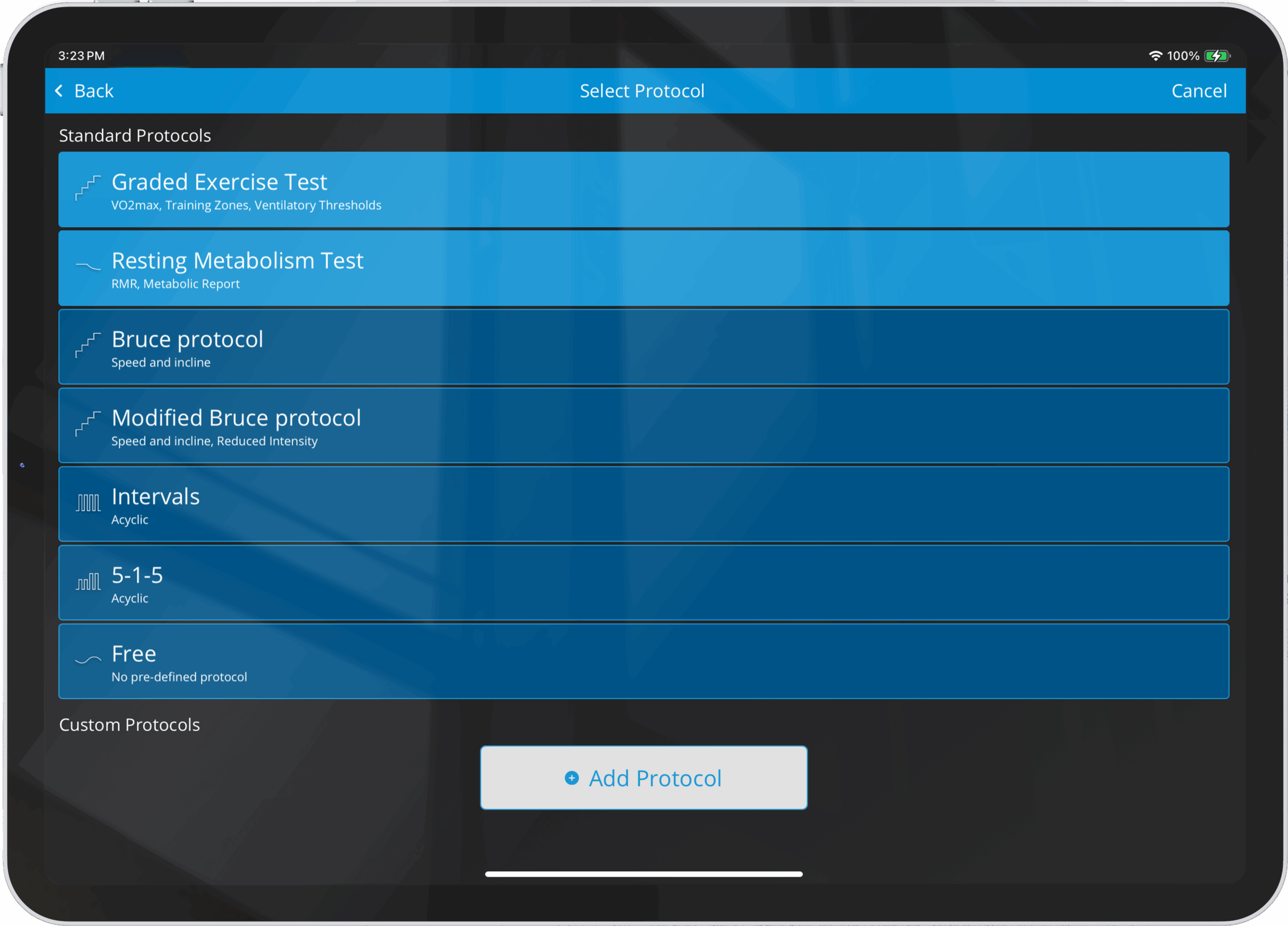 VO2 Master app displaying firefighter fitness testing protocols including graded exercise and resting metabolism tests.