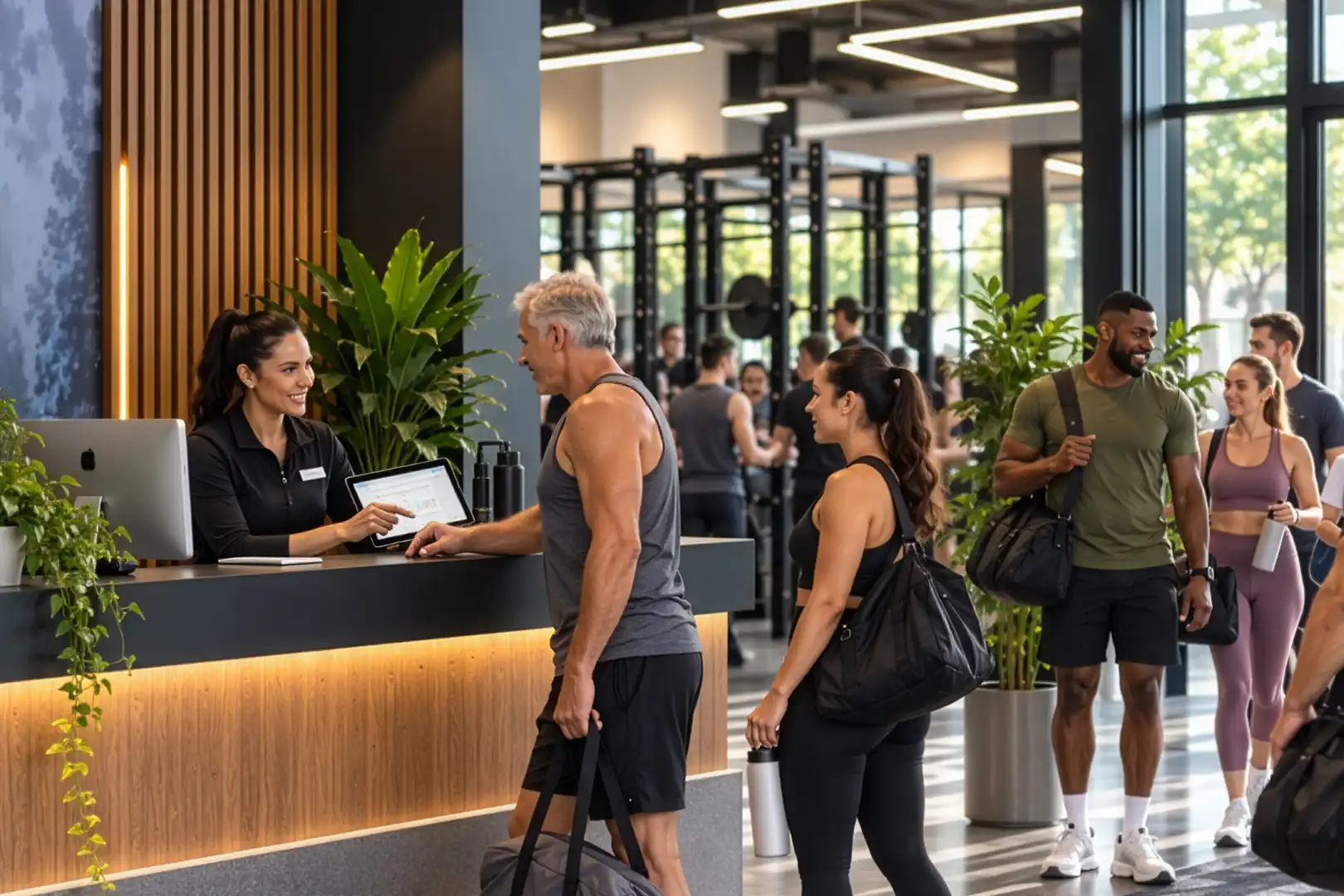 Busy fitness facility welcoming clients as part of a professional gym and fitness assessment service.