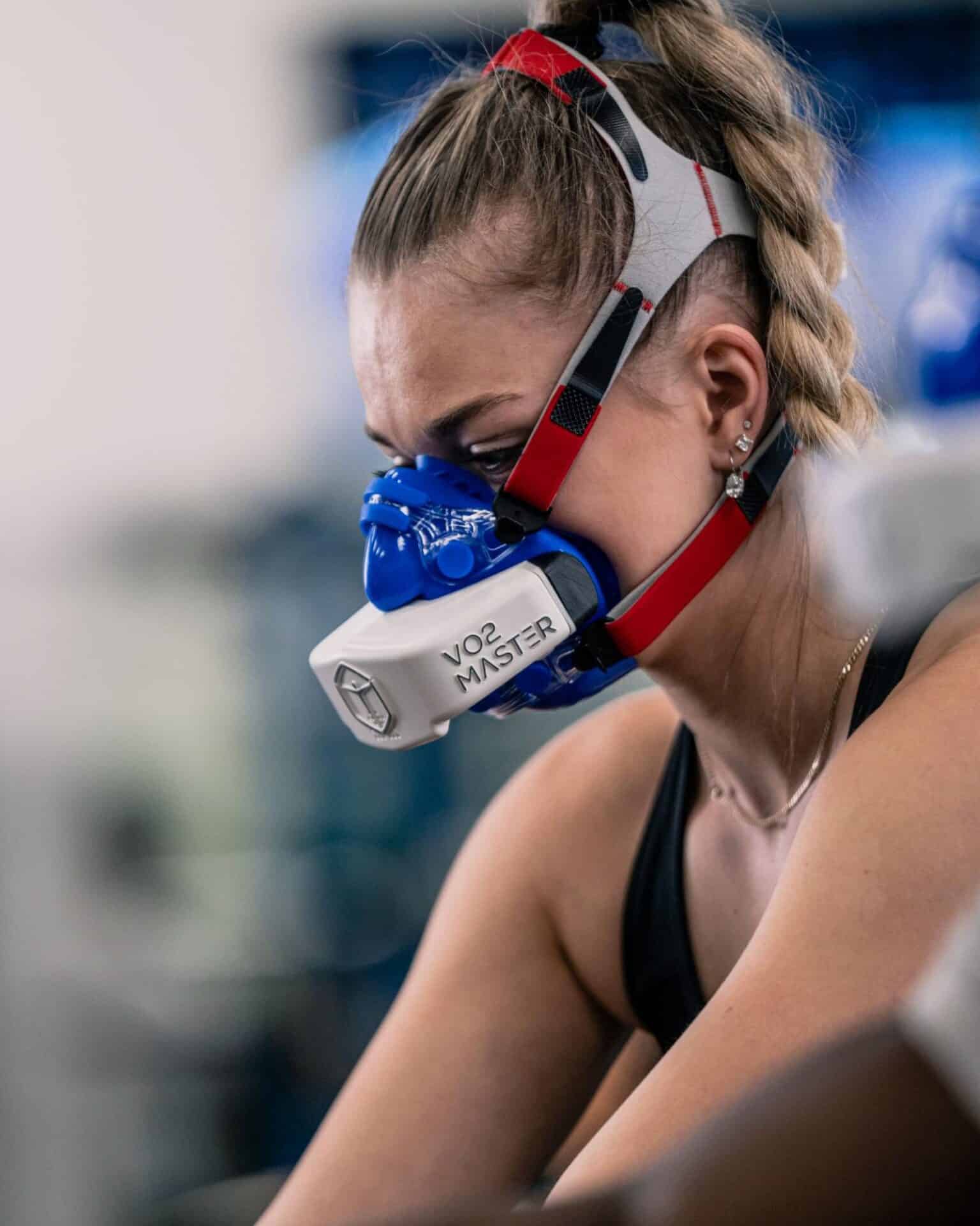 Closeup of an athlete wearing the VO2 Master Analyzer