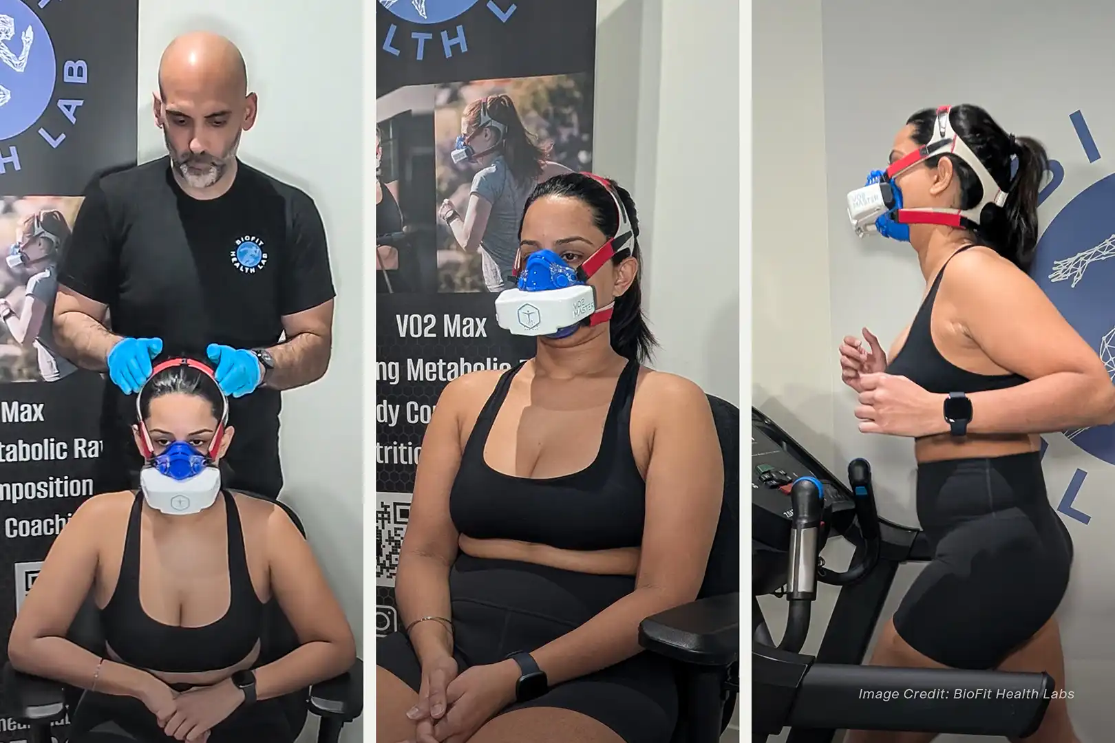 Woman completing VO2 Max and resting metabolic rate testing with a portable metabolic analyzer with Navjot Waraich from BioFit Health Lab