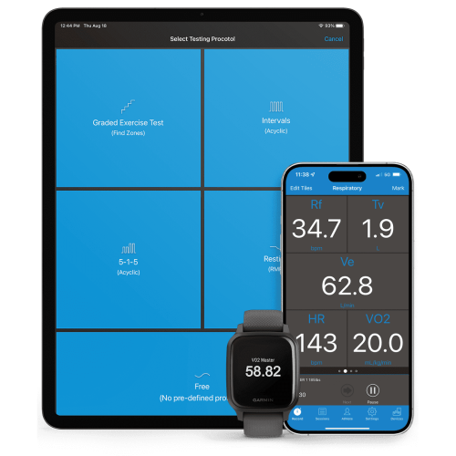 VO2 Master app on a tablet, phone and Garmin watch