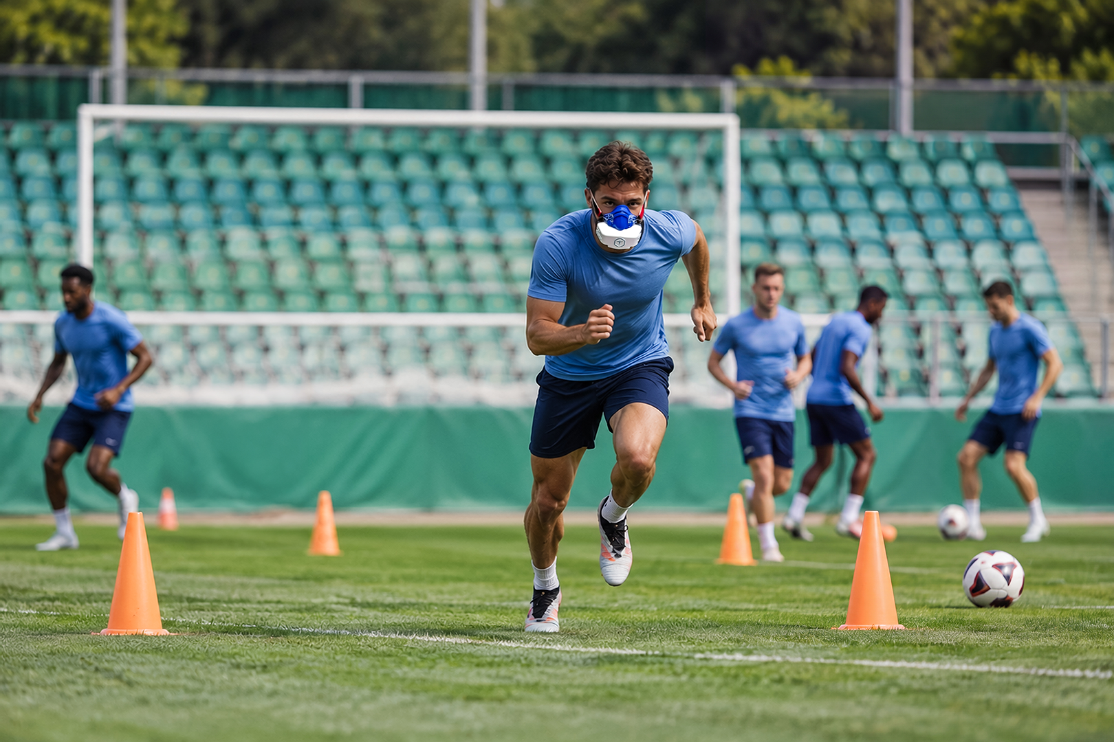 Athlete completing on-field VO2 testing with a portable VO2 Master analyzer during a sprint assessment.