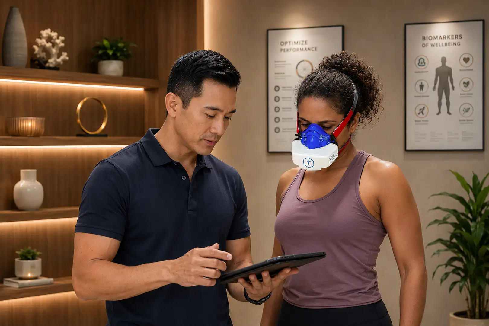 Health professional explaining VO2 metabolic testing data to longevity client.