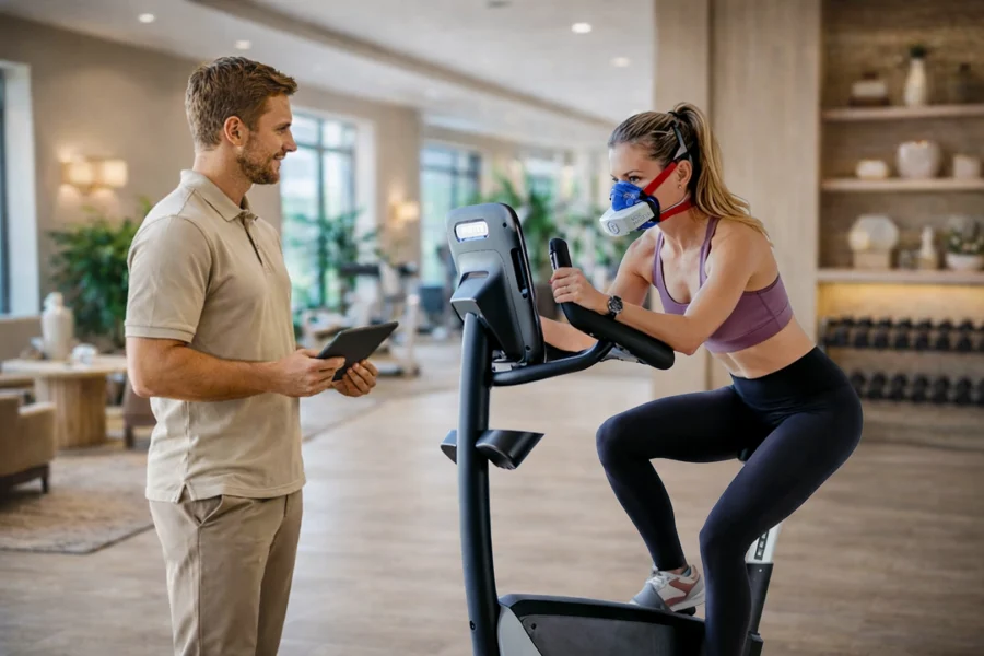 Woman wearing a metabolic testing mask (VO2 Master) rides a stationary bike while a trainer monitors results in a fitness facility.