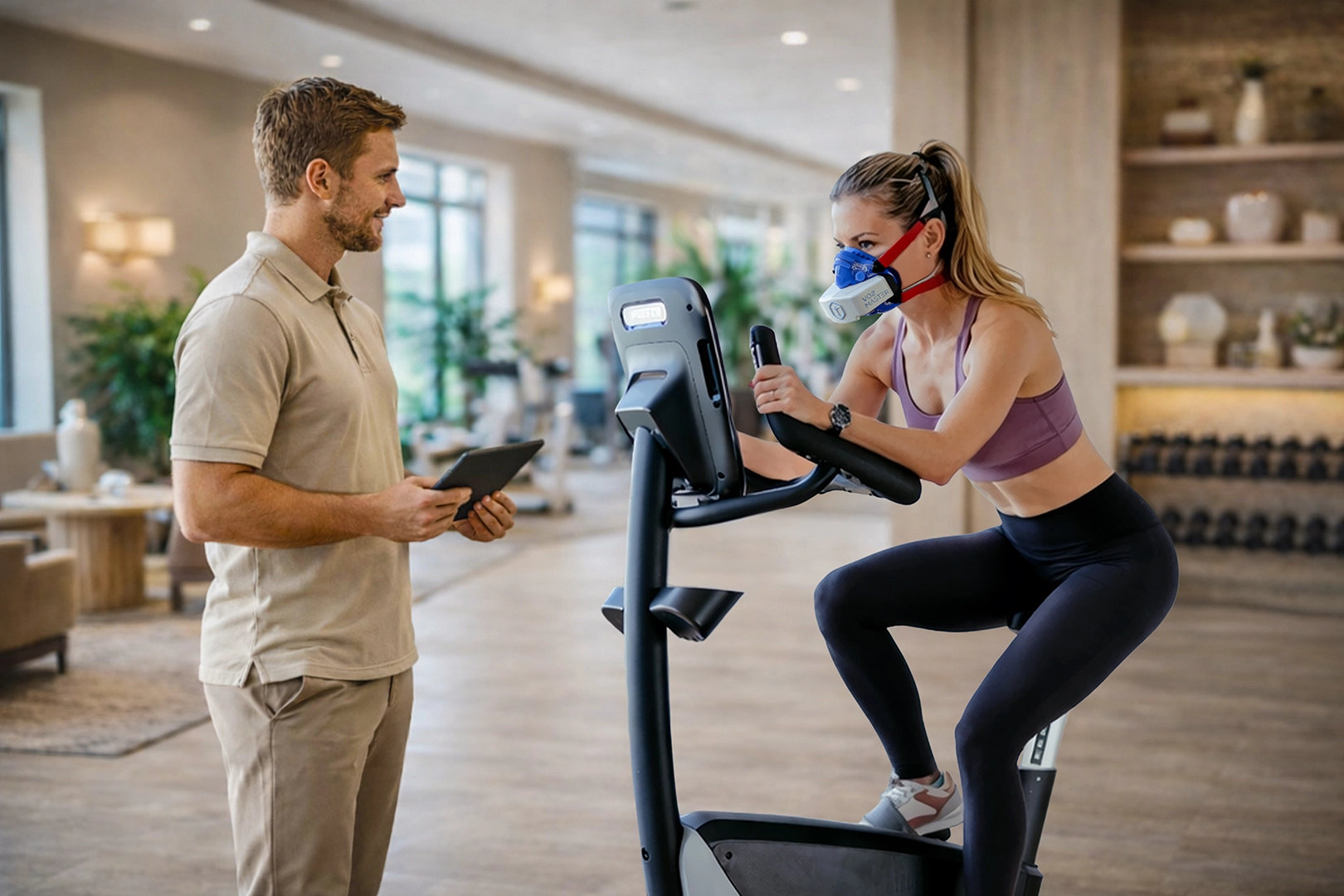 Woman wearing a metabolic testing mask (VO2 Master) rides a stationary bike while a trainer monitors results in a fitness facility.