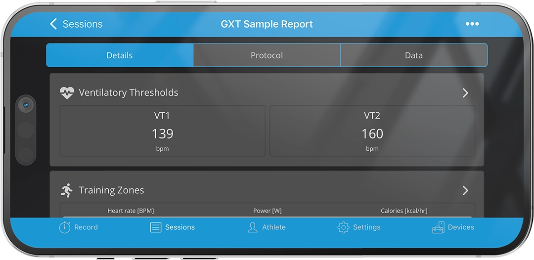Metabolic testing app showing ventilatory thresholds, heart rate data, and training zones from a portable VO2 Master analyzer.