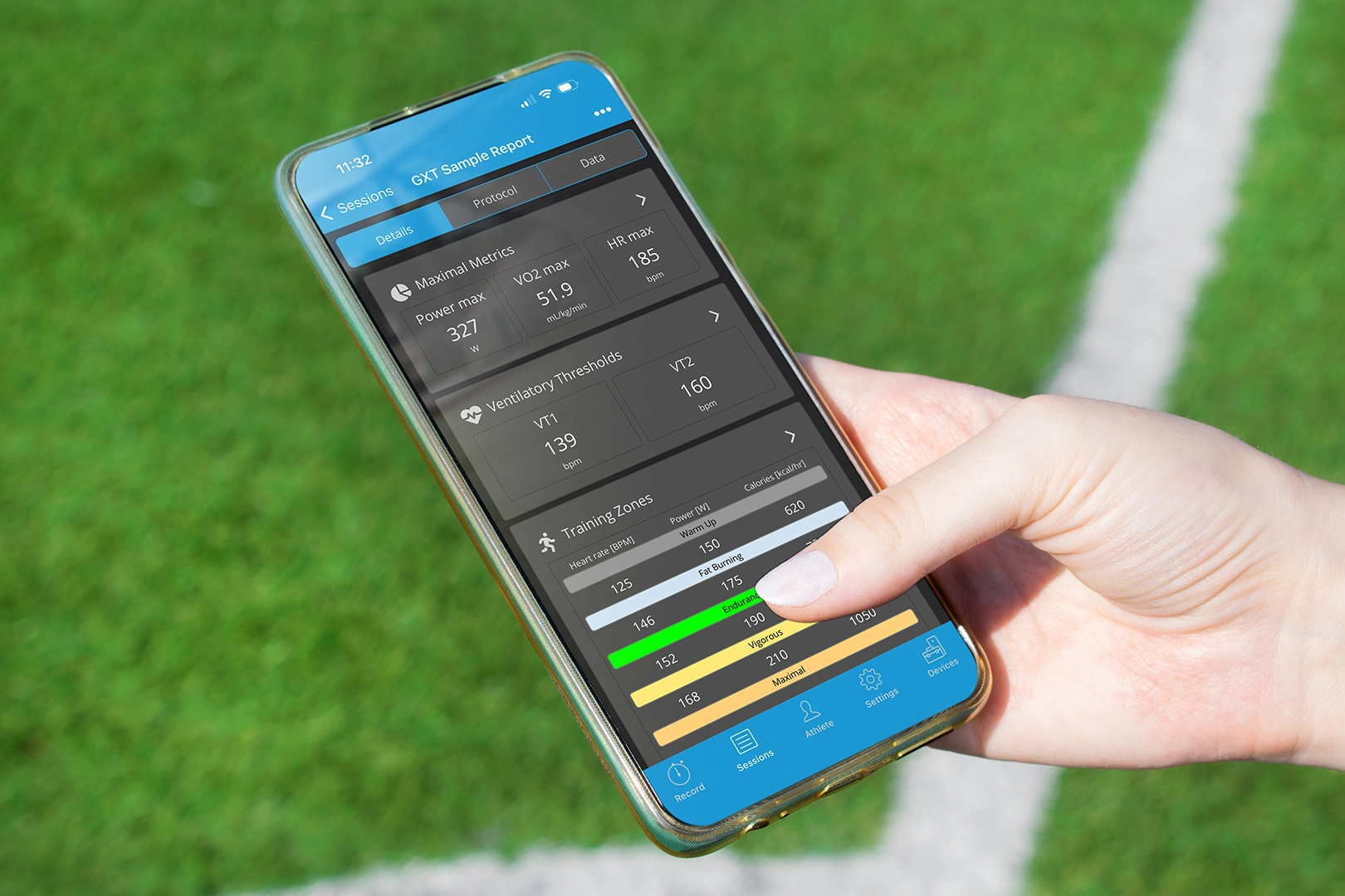 Smartphone displaying portable metabolic testing data including VO2 Max ventilatory thresholds and training zones for soccer performance analysis.
