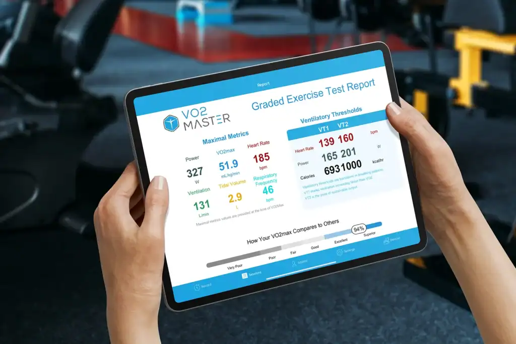 VO2 Master graded exercise test report showing VO2 max, ventilatory thresholds, and training zones on a tablet during portable metabolic testing in a gym.