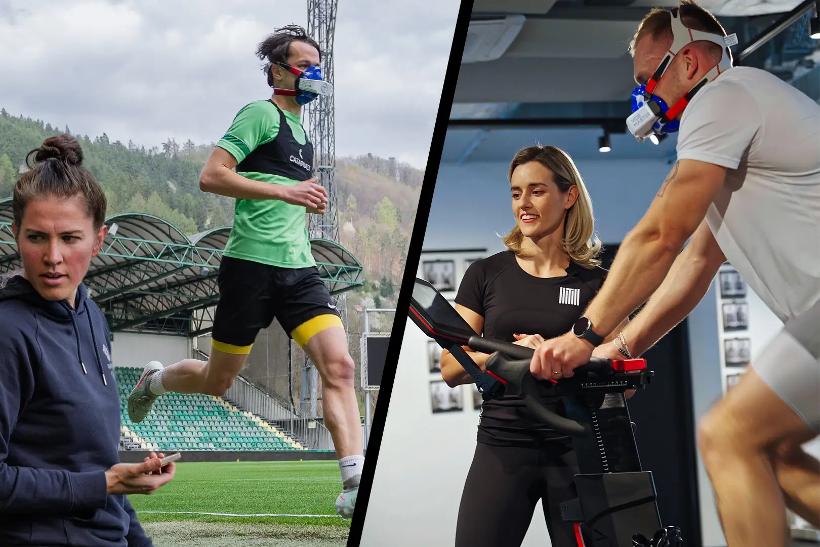 Athletes completing portable VO2 testing outdoors and indoors using VO2 Master metabolic analyzers.
