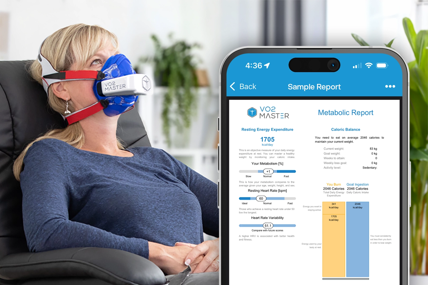 Person undergoing resting metabolic rate testing with indirect calorimetry alongside a metabolic health report showing energy expenditure.