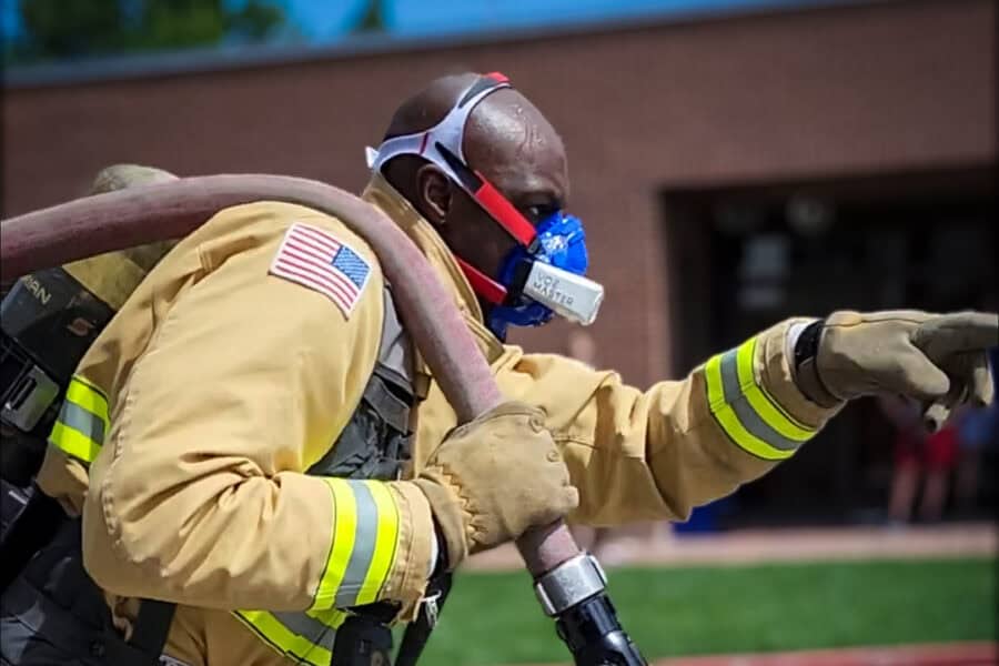 Firefighter with VO2 Master Analyzer. Photo by Dr. Mark Abel, University of Kentucky.