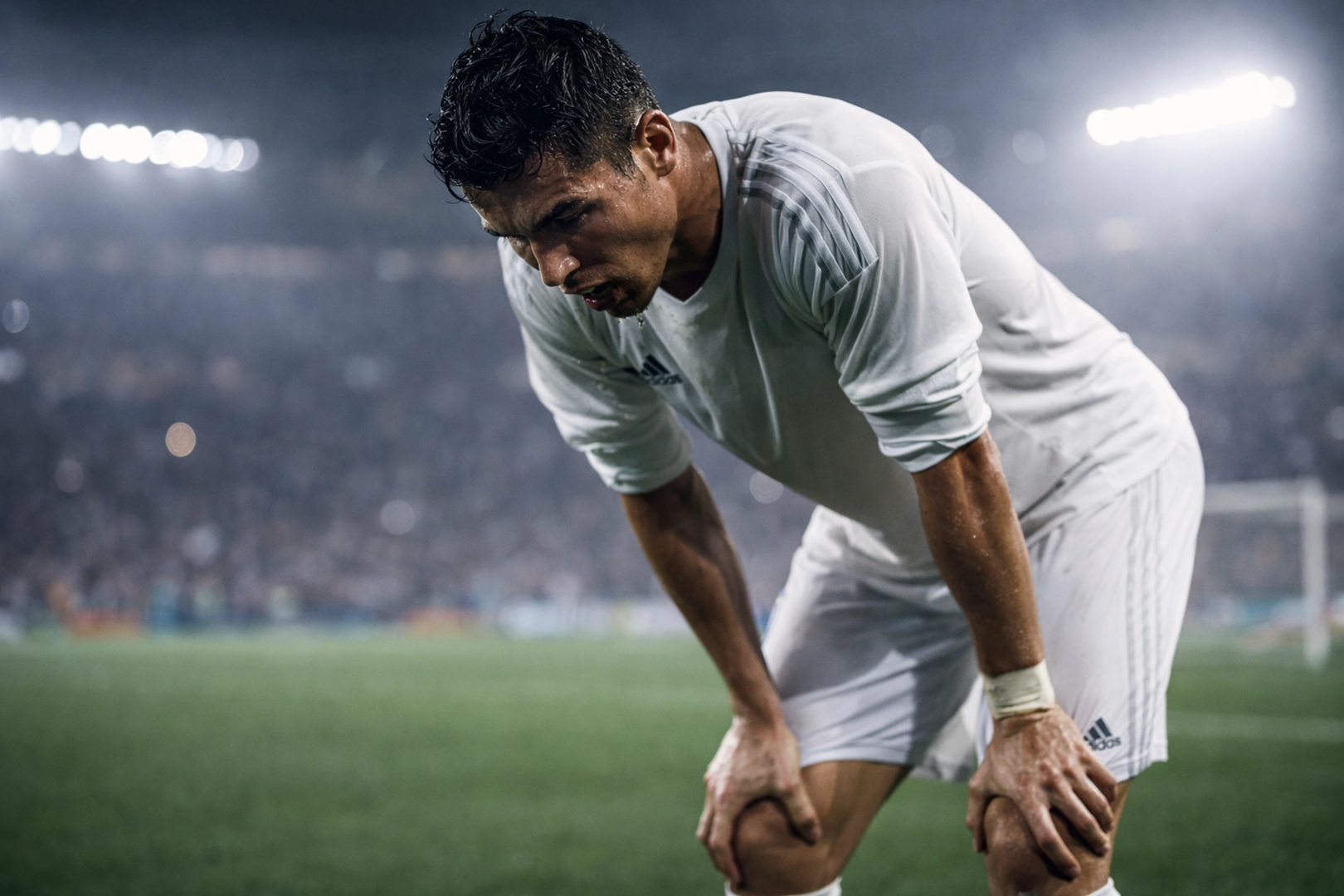 Fatigued soccer player recovering during a match illustrating repeat sprint fatigue and metabolic performance limits in soccer.