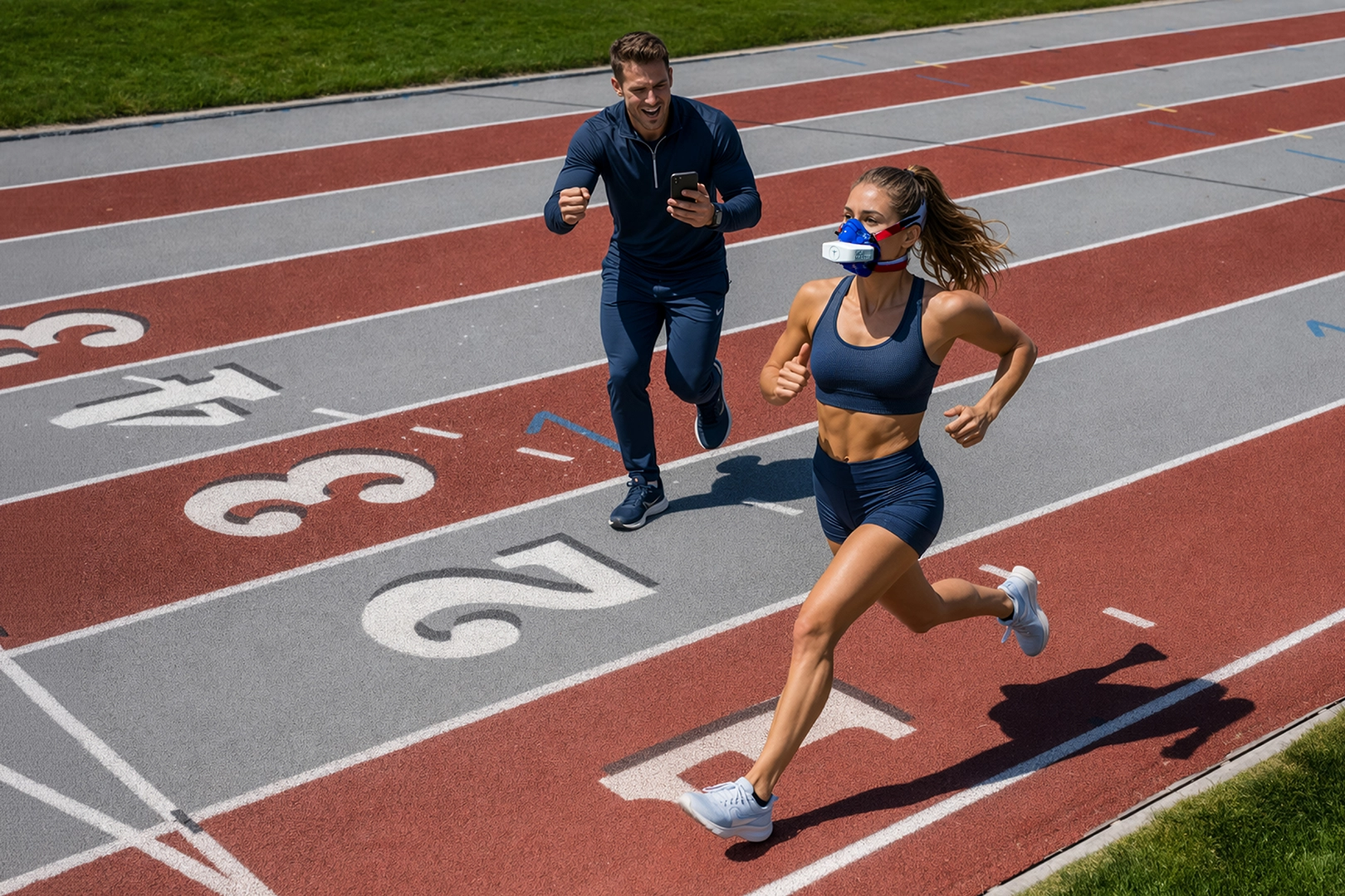 Female runner wearing a VO2 Master mask during submax VO2 testing on an outdoor track while a coach follows and reviews live data.