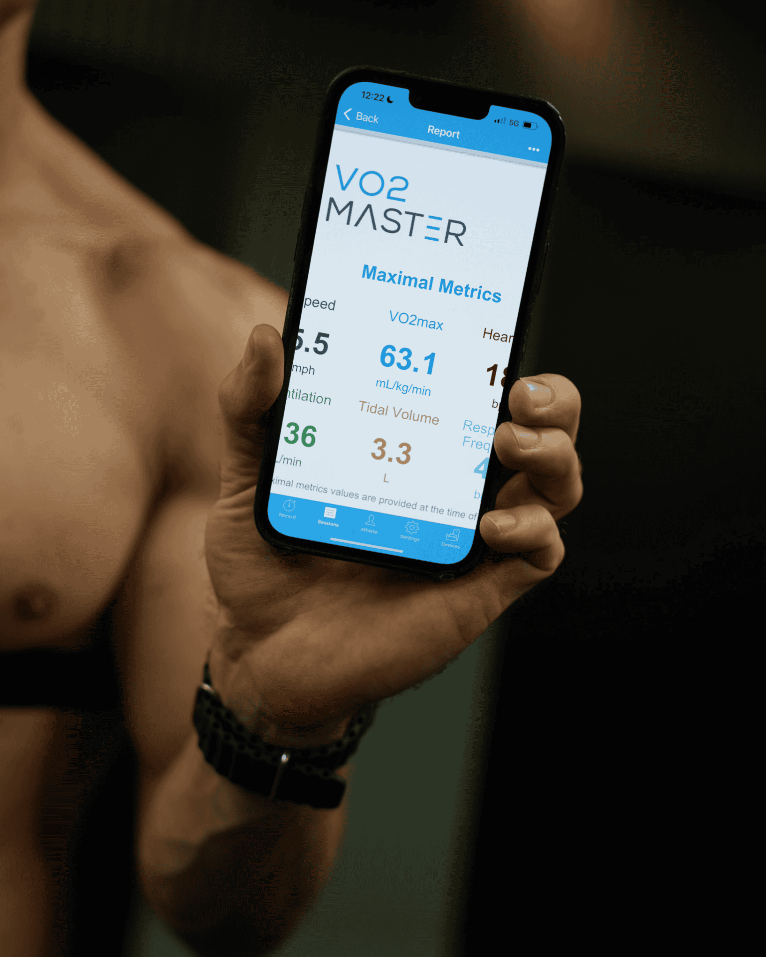 the results of bruce protocol testing being displayed on a smartphone with the vo2 master manager app