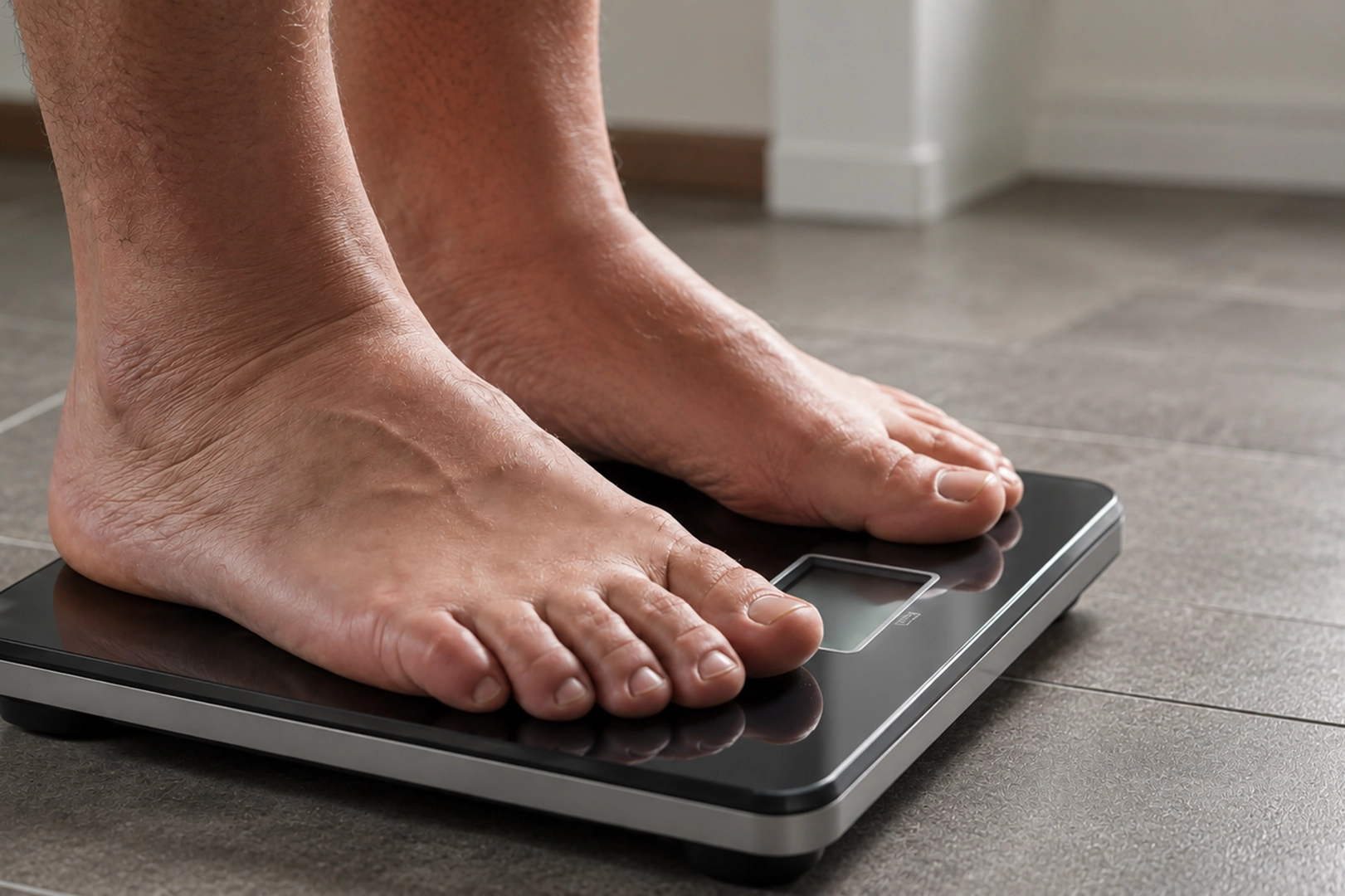 Client standing on a digital scale to track progress during a weight-loss program.
