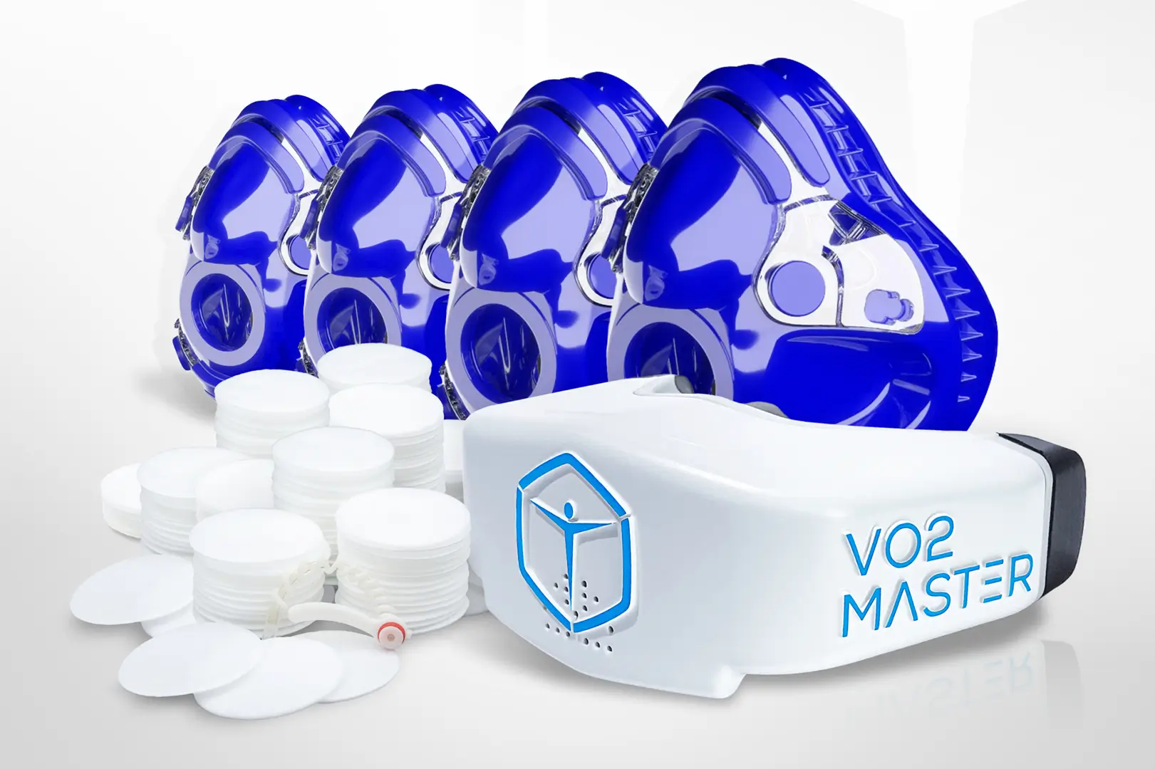 VO2 Master portable metabolic analyzer with multiple testing masks, filters and Professional Kit accessories.