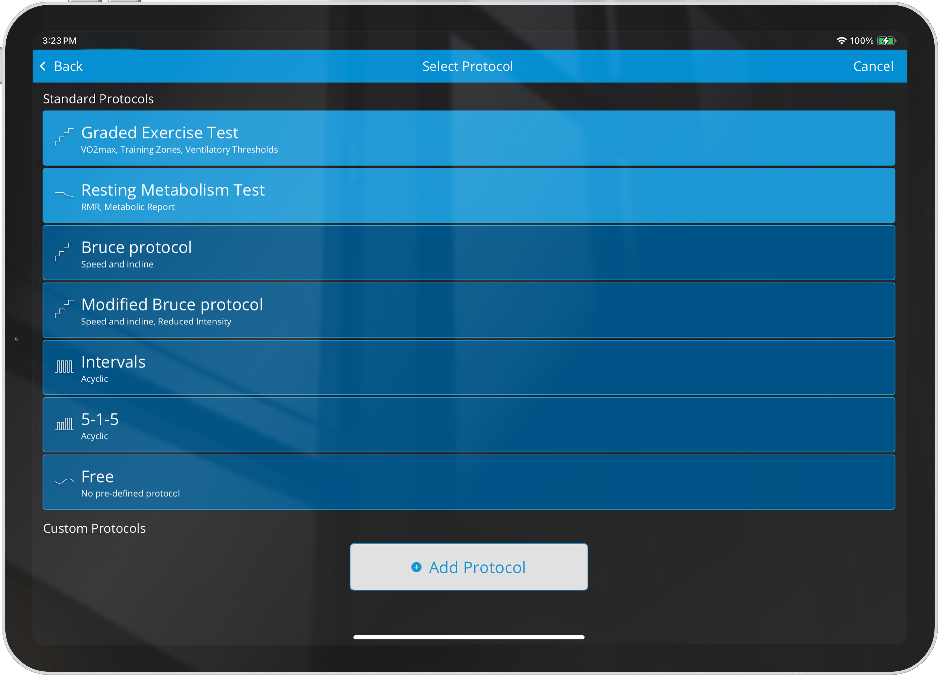 VO2 Master solution app displaying metabolic testing and VO2 max testing protocols on tablet.