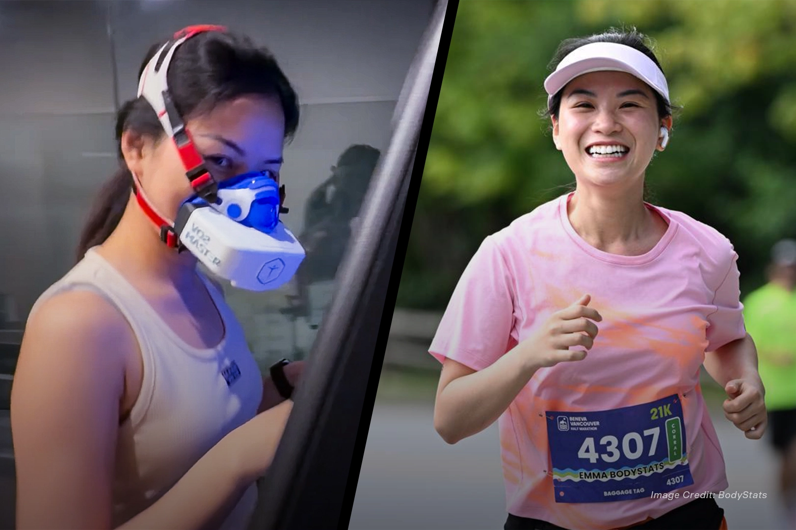 Split image showing a client completing VO2 Max testing with VO2 Master and running a half marathon outdoors.