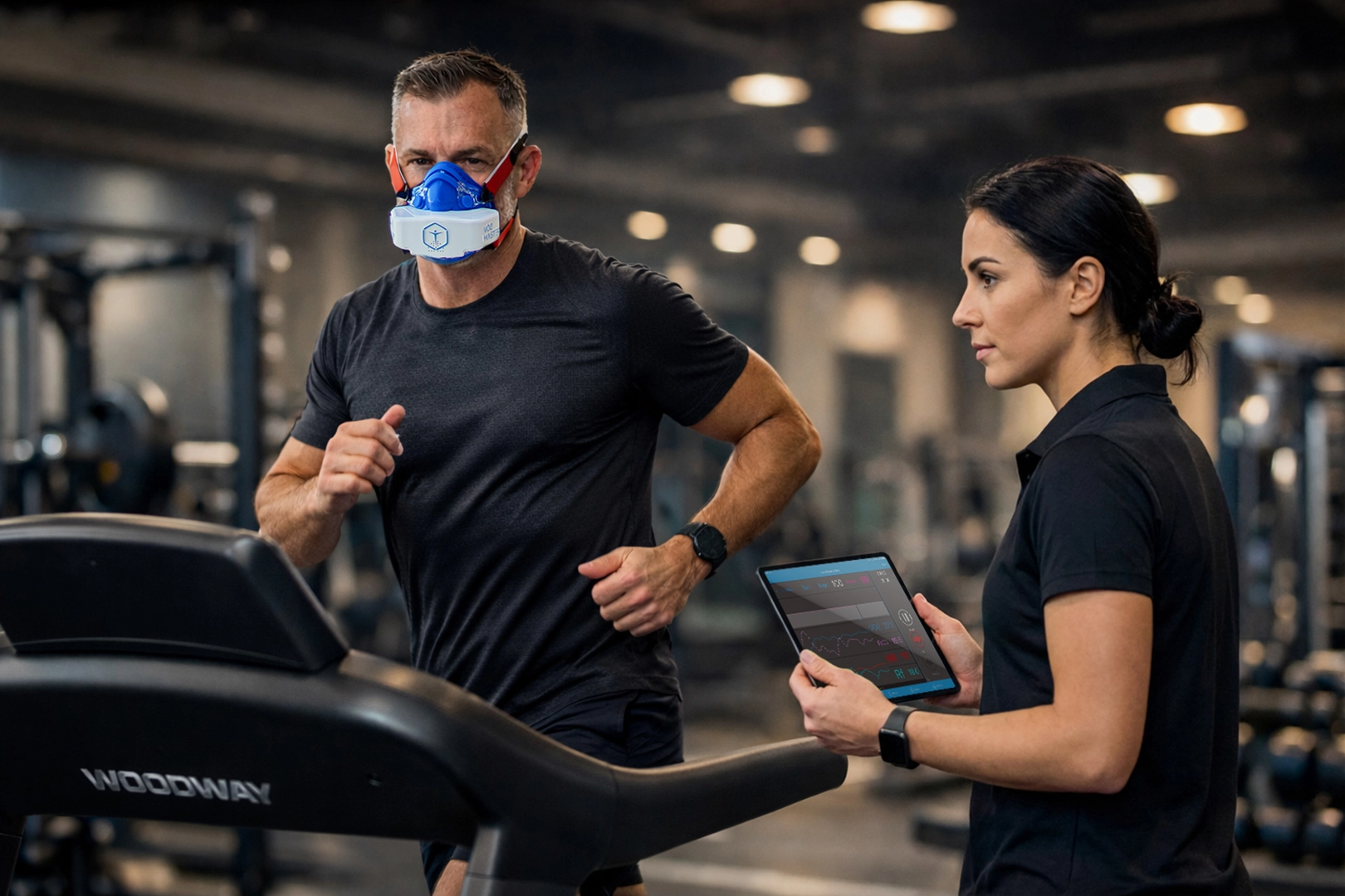 Male client performs treadmill VO2 Max testing while a wellness professional reviews results on a tablet in a luxury fitness center.