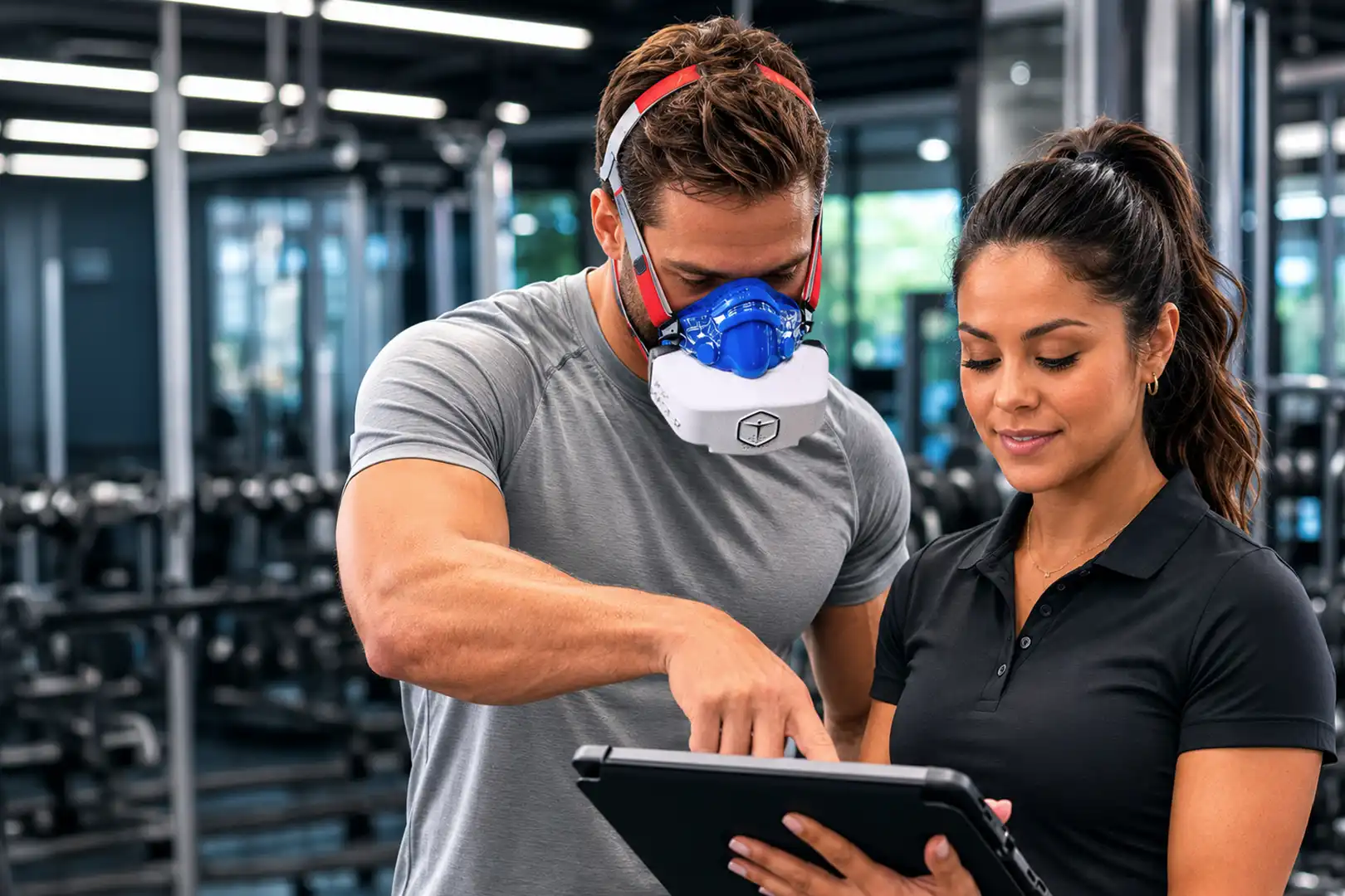 Fitness professional reviewing VO2 Max testing results with a client wearing a portable metabolic analyzer in a gym.