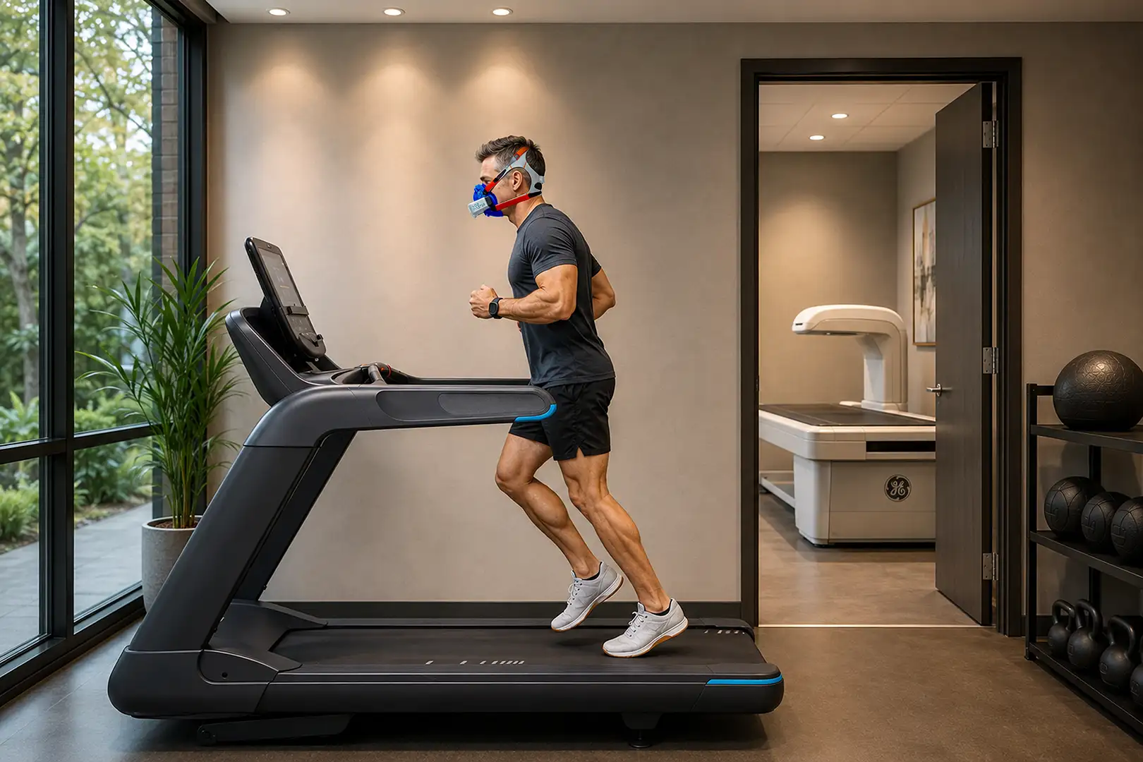 Wellness professional reviewing VO2 Max test results with a weight-loss client in a fitness facility.
