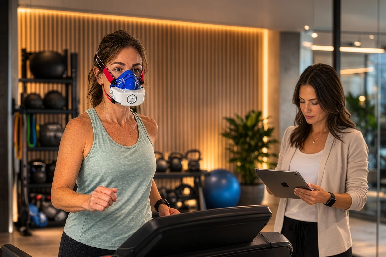 Female executive performing metabolic VO2 testing on treadmill with mask while specialist monitors ventilatory thresholds for zone 2 training for longevity.